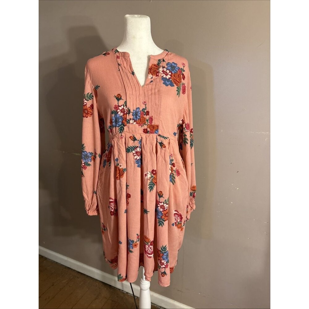 Matilda Jane Peasant Dress Pink Floral Henley V-Neck Pleated Balloon Sleev Sz XS